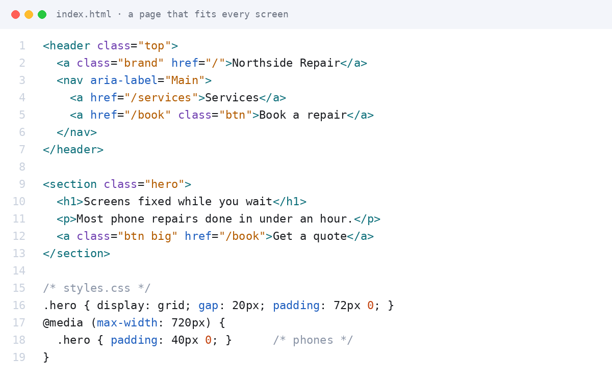 Code from a custom website: a page header and a hero section that fit every screen